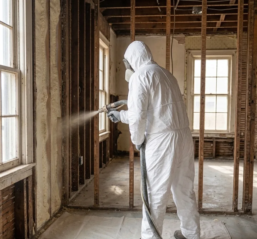 Closed-cell spray foam insulation applied to a crawl space wall in North Bay Ontario
